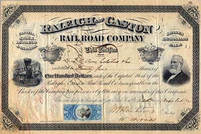Stock certificate for the Raleigh & Gaston Railroad Company, 1872. Item H.1965.77.6, from the collection of North Carolina Museum of History. Used courtesy of the North Carolina Department of Natural and Cultural Resources.