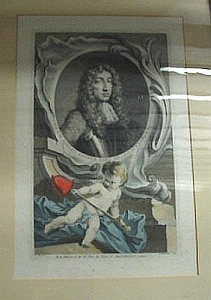 A print portrait of Ashley-Cooper. It is grey and black on a beige page. He has a curly long hair and is wearing a fancy collar and metal armor. There is cherub with a shovel in the foreground.