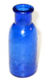 Bottle, molded blue glass inscribed with raised lettering on its side "BROMO SELTZER / EMERSON / DRUG CO. / BALTIMORE M.D." and the numerals "33" on its bottom, ca 1895; height 4" (10 cm), diamerter 1.5" (3.6 cm).
