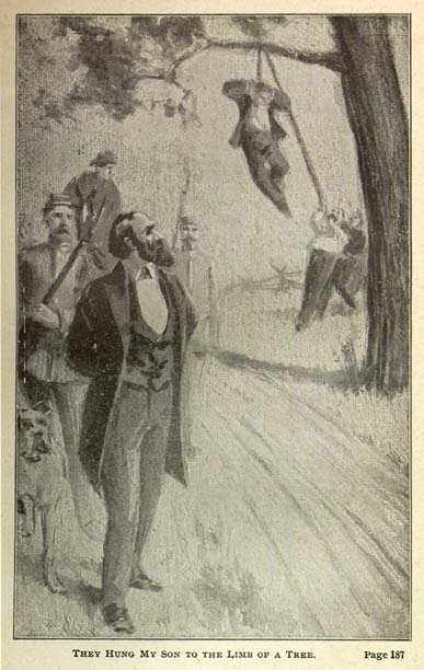 Newspaper clipping of an illustration depicting a deserter hanged from a tree. The caption reads, "They hung my son to the limb of a tree."