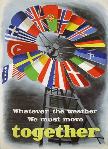 Marshall Plan poster depicting the flags of European countries as wind blades on an American flag themed windmill.