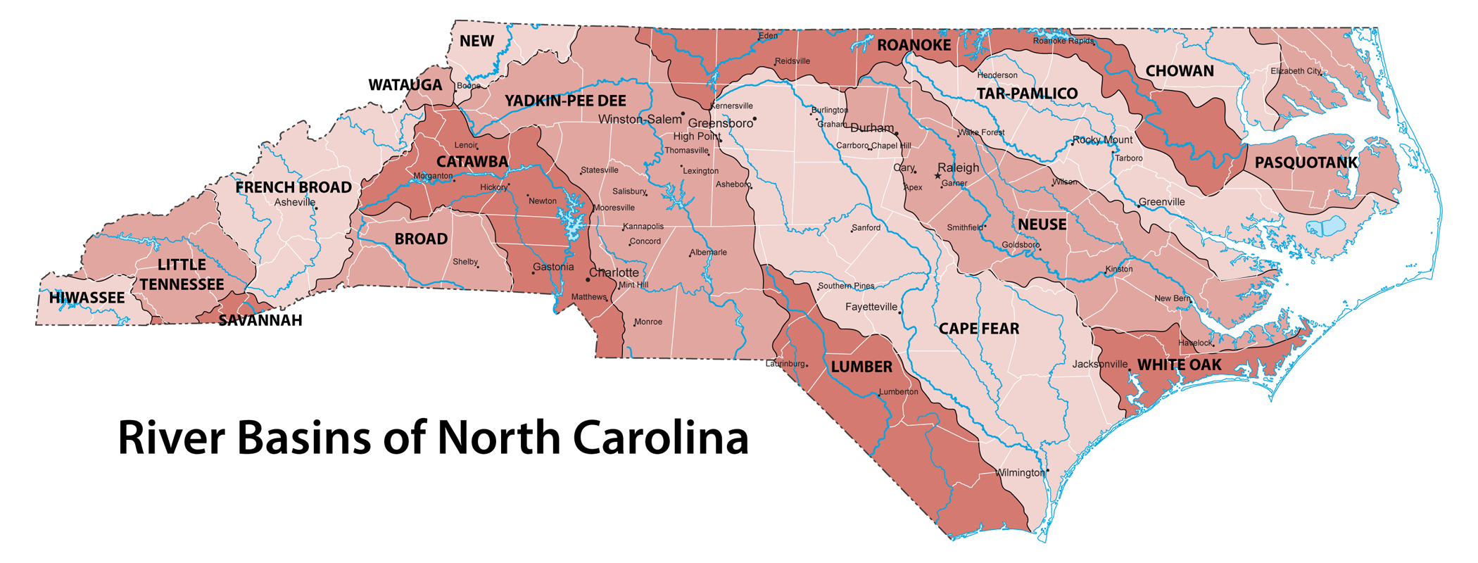 Map of rivers and basins in North Carolina.