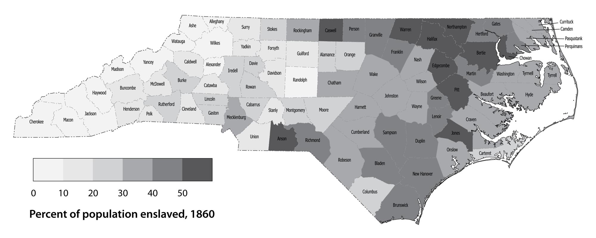 North Carolina population: Percent enslaved by county, 1860