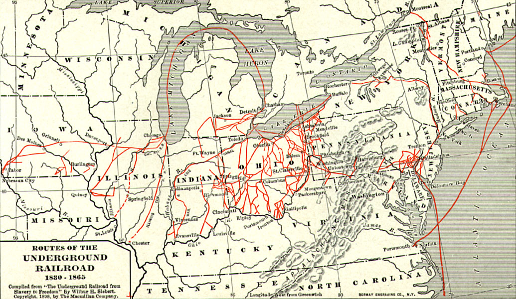 Map of the suspected underground railroad routes to the north and Canada. 