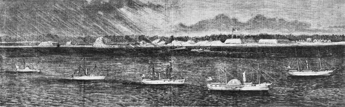 Harper's Weekly illustration from 3 Dec. 1864 showing Union ships off New Inlet blocking the approach to Wilmington via the Cape Fear River. Fort Fisher is in the background. North Carolina Collection, University of North Carolina at Chapel Hill Library.