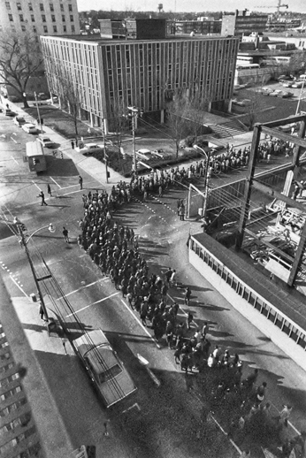 Marchers from Hyde County and elsewhere around the state enter Raleigh on 14 Feb. 1969 to protest Hyde County's school desegregation plan. Courtesy of North Carolina Office of Archives and History, Raleigh. The Raleigh News and Observer files.