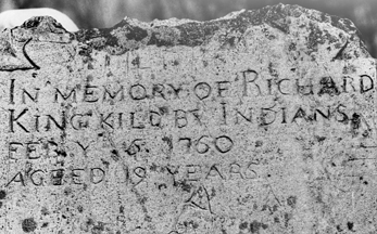 A gravestone dating from 1760 in the cemetery at Thyatira Church in Rowan County. Church records from this period offer graphic accounts of white settlers, such as the young man memorialized in the gravestone, killed by Cherokees in the vicinity of Rowan County during the French and Indian War. Photograph courtesy of Claude J. Pickett.