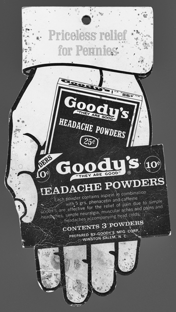 Goody's Headache Powder advertising tag designed to be hung from a string in a store. North Carolina Collection, University of North Carolina at Chapel Hill Library.
