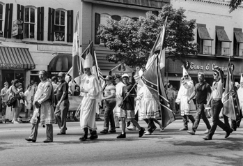Ku Klux Klan demonstrators march down Franklin Street in Chapel Hill on 14 June 1987. Photograph by Jerry Cotten. North Carolina Collection, University of North Carolina at Chapel Hill Library.
