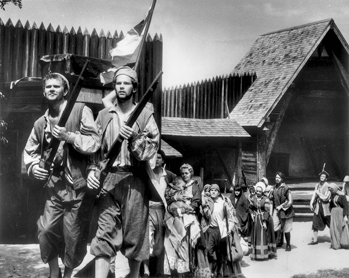 Roanoke colonists leave Fort Raleigh at the climax of Paul Green's dramatic recreation of their story in The Lost Colony. Photograph by Aycock Brown. North Carolina Collection, University of North Carolina at Chapel Hill Library.