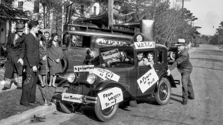 In 1931 Raleigh radio station WPTF broadcast the marriage of Felton Williams and Peggy Fussell, shown here looking out of the car window. Courtesy of North Carolina Office of Archives and History, Raleigh.