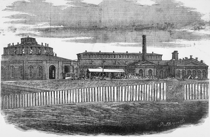 An 1874 engraving shows the roundhouse and machine shops of the Raleigh & Gaston Railroad in Raleigh. North Carolina Collection, University of North Carolina at Chapel Hill Library.