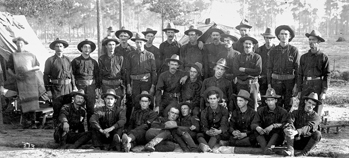 The Catawba County Boys, Company A, 1st North Carolina Regiment, Seventh Army Corp, pose beside a tent at Camp Cuba Libre in Jacksonville, Fla., 30 July 1898. Courtesy of North Carolina Office of Archives and History, Raleigh. Call no. N_93_12_12.
