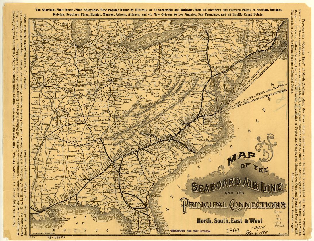 Map of the Seaboard Air Line and its principal connections north, south, east & west, 1896. By the Rand McNally Company and the Seaboard Air Line Railroad Company. From the Library of Congress Geography and Map Division.