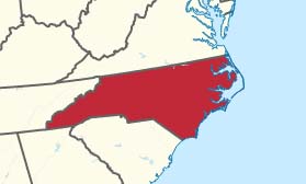 Map excerpt showing North Carolina in red. Map of the United States with North Carolina highlighted, by TUBS, CC BY-SA 3.0, Wikimedia Commons.