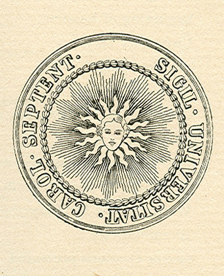 The original seal of the University of North Carolina, designed in 1791 by James Hogg, Alfred Moore, and John Haywood. Image from University of North Carolina Catalogue, 1893-'94, North Carolina Collection, University of North Carolina at Chapel Hill Library.