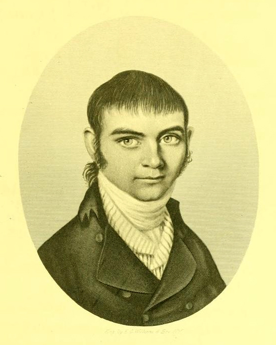Portrait of Thomas Amis. It is in yellow print. He has short hair in the front but longer in the back and sideburns. He is wearing a coat over several other layers. 