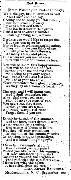 Lila Ripley Barnwell's poem "Red Roses," published in the <i>News and Observer</i> (Raleigh, NC),  October 3, 1894.  