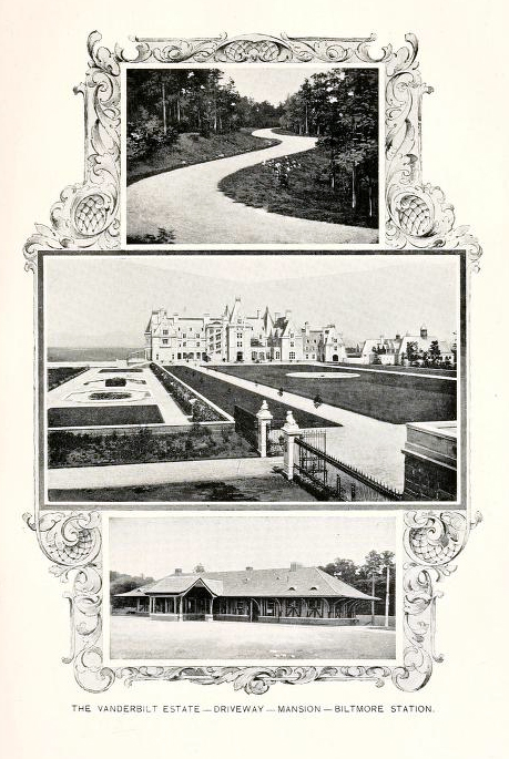 Collage of photographs of the Biltmore Estate, from <i>North Carolina and Its Resources,</i> issued by the North Carolina State Board of Agriculture, published 1896 by M.I. & J.C. Stewart, Public Printers and Binders, Winston, North Carolina.  Presented on Archive.org. 