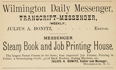 An 1890 advertisement for Julius A. Bonitz's newspaper and printing press. Image from the Internet Archive.