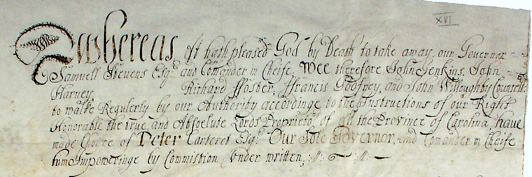 Part of  the document appointing Peter Carteret as governor, 1670. Image from the North Carolina Digital Collections.