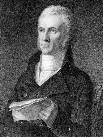 Davie, seated. He is wearing a scarf, coat, and powdered wig. He looks stern and is holding a bundle of papers.