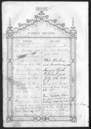 Family Record from the Plato and Catherine Leonora Tracy Durham Family Bible.  Bible published 1871.  From the State Archives of North Carolina, presented by North Carolina Digital Collections.