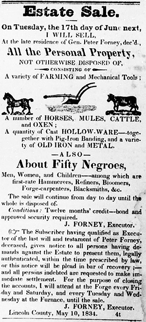 "Estate Sale." (advertisement). Western Carolinian. May 10, 1834. 3.