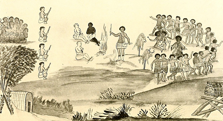 A drawing of Baron Christoph Von Graffenried and John Lawson held captive by the Tuscarora Indians. The drawing has been variously attributed to Baron Christoph Von Graffenried and Frantz Ludwig (Francis Louis) Michel. Image from Archive.org.