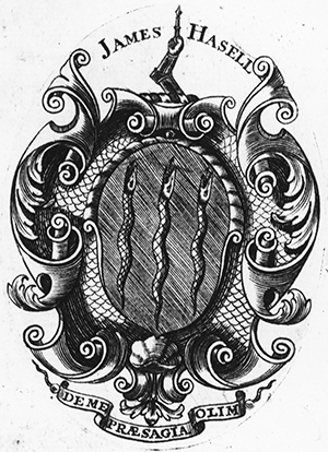 Armorial bookplate of James Hasell. Image from the North Carolina Collection Photographic Archives, The Wilson Library, University of North Carolina at Chapel Hill.