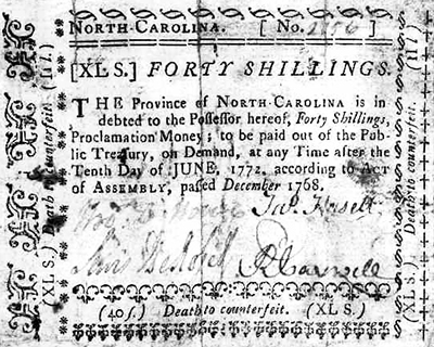 A North Carolina forty shilling bill signed by James Hasell, 1768-1771. Image from the North Carolina Museum of History.