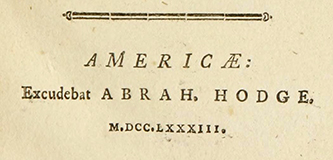 The imprint of Abraham Hodge from the title page of Synopsis Nosologiae Methodicae, a 1783 medical text in Latin. Image from Archive.org.