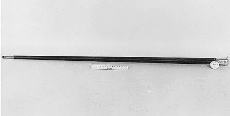 Photograph of a walking stick given to President Andrew Johnson by James Lyons, August 1866.  An engraving on the stick reads: "Presented to Andrew Johnson President of the United States The Restorer of the Constitution."  Item held in the collections of the N.C. Museum of History.  