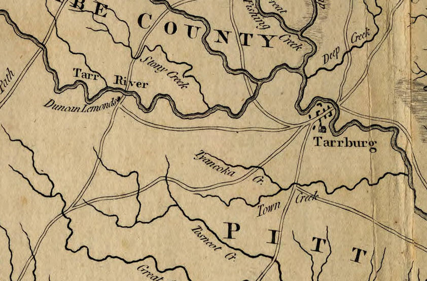Closeup view of a portion of the Mouzon Map, showing the Tarr River (to the left of "Tarrburg") with "Duncan Lamonds" just below. <i>Mouzon Map</i>, by Henry Mouzon, published 1775 by John Bennett and Robert Sayer.  From the collections of the State Archives of North Carolina.  View of entire map available online at North Carolina Maps at the University of North Carolina, Chapel Hill. 