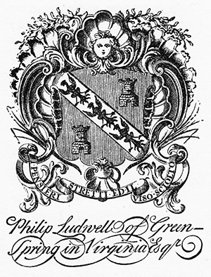 Bookplate of Philip Ludwell featuring his coat of arms. Image from the State Library of North Carolina.
