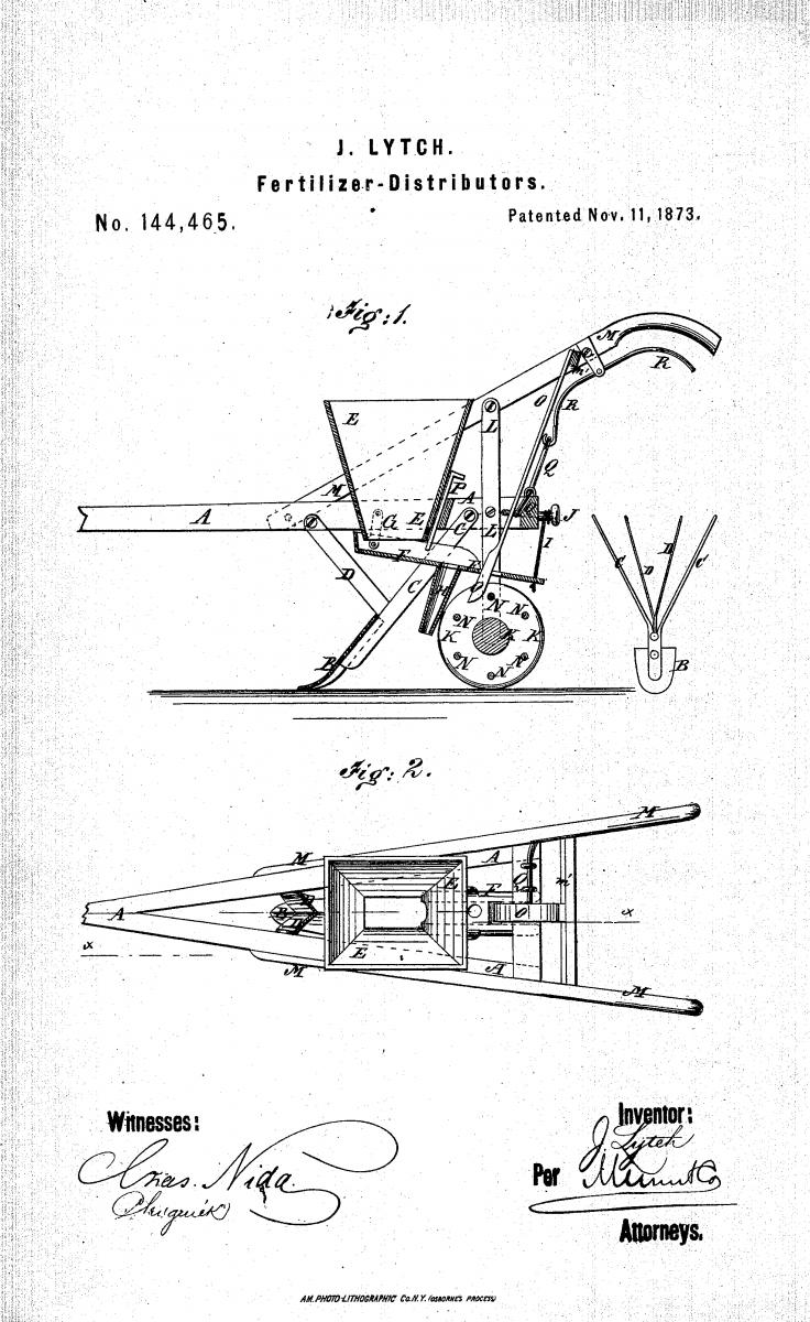 Patent drawing for James Lytch's Improvement in Fertilzer-Distribters, US Patent Publication No. US144465 A, published November 11, 1873.  Presented on Google Patents. 
