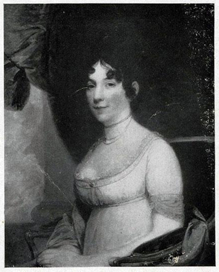 Photographic image of Gilbert Stuart's portrait of Dolley Madison. Stuart painted Dolley Madison's portrait in 1804.  Photograph of portrait taken circa 1921. Item H.1921.14.3 from the collections of the North Carolina Museum of History. 