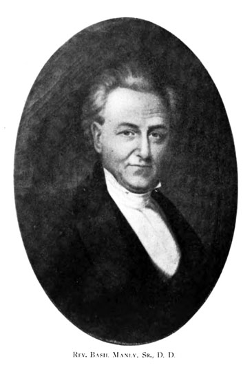 Portrait of the Rev. Basil Manly. Sr., D. D., from Louise Manly's <i>The Manly Family: an Account of the Descendants of Captain Basil Manly of the Revolution, And Related Families</i>, p. 71, published 1930, Keys Printing Co., Greenville, S.C. Presented on Hathi Trust.  