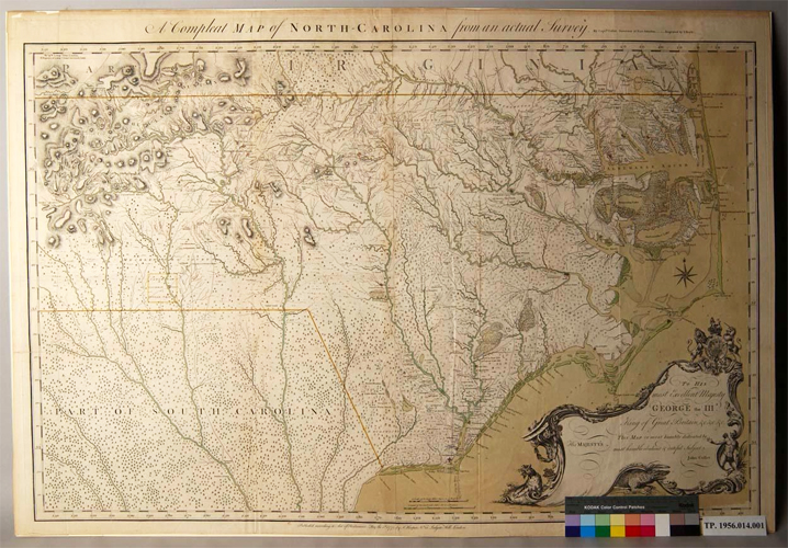Map of North Carolina, published 1770.  Made from a survey by Captn. Collet, Governor of Fort Johnson.  George Moore had significant land holdings north of Wilmington, N.C. and was commissioned to oversee the building of Fort Johnston at Southport, NC.  From the collections of Tryon Palace.  Image courtesy of the North Carolina Department of Cultural Resources. 