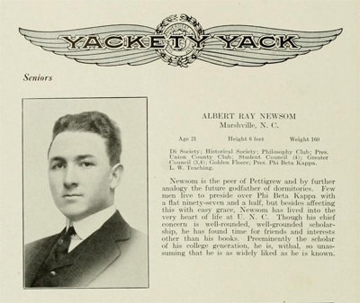 Photograph and entry for Albert Ray Newsom[e] from the UNC Yearbook <i>Yackety Yack</i>, 1915, courtesy of DigitalNC.org.