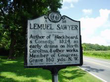 Lemuel Sawyer's marker on US 158/NC 34 southwest of Camden in Camden County. Photo is presented on North Carolina Historical Highway Marker Program.