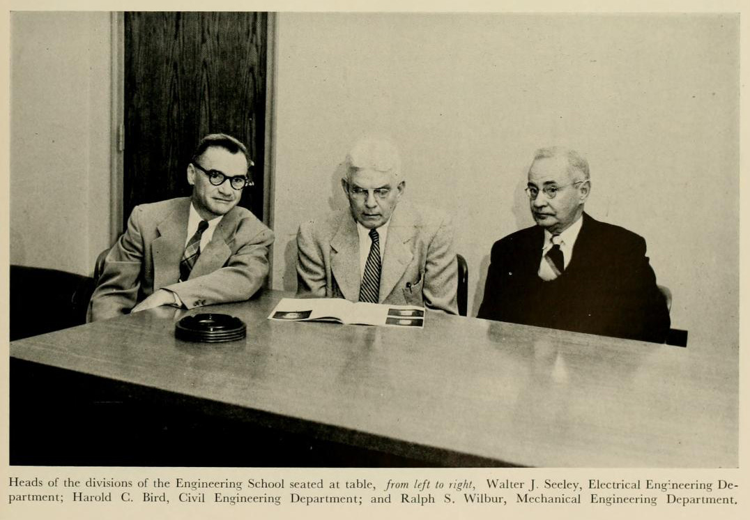 Image of Walter James Seeley (left), with Harold C. Bird (middle) and Ralph S. Wilbur (right), from Duke University's The Chanticleer yearbook 1953, [p.21], published 1953 by Duke University. Presented on Digital NC.