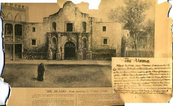 Photograph of an artistic depiction of the Alamo, image taken 1910-1930.  Image includes a printed description of North Carolina's role in the defense of the Alamo in 1836.  Item H.19XX.328.65 from the collections of the North Carolina Museum of History. 