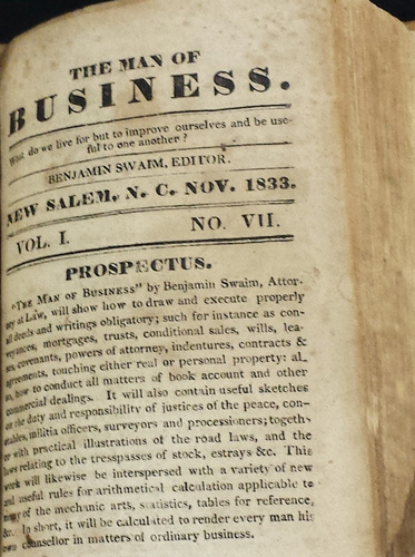 Image of title page of <i>The Man of Business,</i> Vol. I, No. VII, published by Benjamin Swain, November 1833 in New Salem.  From the collections of the State Library of North Carolina.