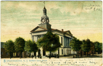 Historic postcard image of the Guilford County Courthouse, circa 1900, design attributed to Lyndon Swaim.  Image from North Carolina Postcards, Wilson Library, University of North Carolina at Chapel Hill.