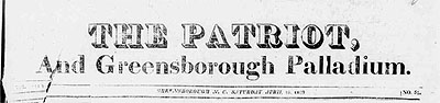 Image of masthead from <i>The Patriot, and Greensboro Palladium,</i>" April 18, 1929.  From Historic Greensboro Newspapers, UNCG Digital Collections.