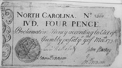 A North Carolina four pence bill, circa 1754-1756, signed by Samuel Swann. Image from the North Carolina Museum of History.
