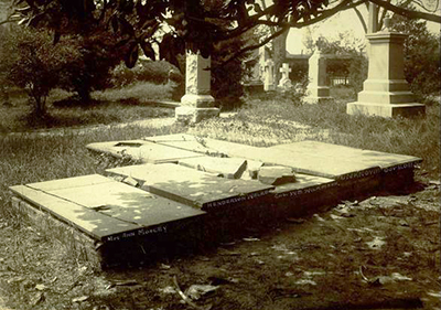 From left to right, the graves of Ann Mosley, Henderson Walker,  Col. William Wilkinson, unknown, and governor Charles Eden in St. Paul's churchyard in Edenton. Image from the North Carolina Museum of History.