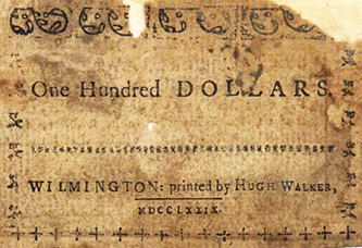 The reverse of a $100 bill printed by Hugh Walker, 1779-1780. Image from the North Carolina Museum of History.