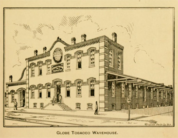 Image of the Globe tobacco warehouse, Durham, NC, built by Warren's father, Julius B. Warren.  From the <i>Hand-book of Durham,<i>1895.  